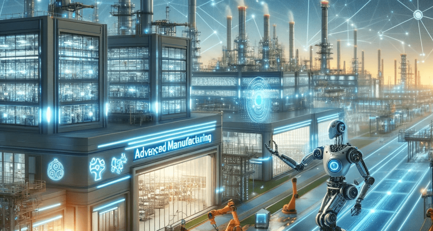 DALL·E 2024-04-04 12.41.10 - A futuristic advanced manufacturing landscape, featuring factories equipped with artificial intelligence. The scene showcases sleek, modern buildings -min